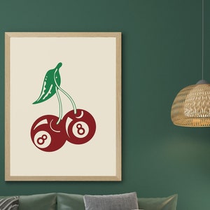 Trendy Retro 8 Ball Cherries Print Illustration Vintage Wall Art Modern Kitchen Decor Illustration Large Printable Art Digital Download