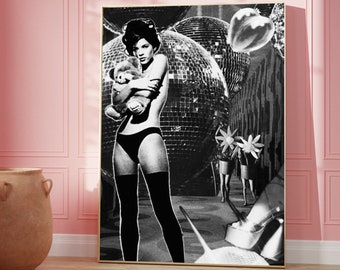 Funky Disco Ball 70s Poster, Retro Vintage Art, Trendy Wall Art, Girly Dorm Room Decor, Hot Girl Poster Print, Black and White Disco Print
