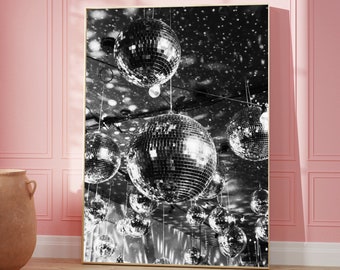 Funky Disco Ball 70s Poster, Retro Vintage Art, Trendy Wall Art, Girly Dorm Room Decor, Bachelorette Bar Art, Black and White Disco Print