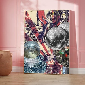 Funky Disco Ball 70s Poster, Retro Vintage Art, Trendy Wall Art, Girly Dorm Room Decor, Bachelorette Bar Art, Maximalist Decor, Disco Print