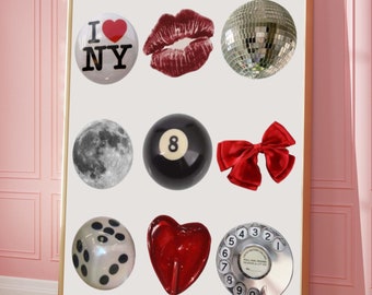 Trendy Colorful Wall Art, Circles Collage Wall Print, 8 Ball Poster, 8 Ball Art Disco Poster, Red wall art College Dorm Decor ,Fashion Girl