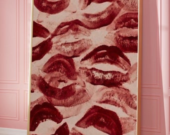 Retro Kiss Poster: Red Lips Print, Bedroom Wall Art (Digital Download)