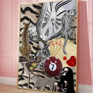 May include: A surrealist collage featuring a melting clock, playing cards, a leopard, a rabbit, a martini glass, a billiard ball, and a woman's face. The background is a zebra print.