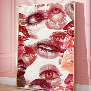 Pôster de beijo retrô, carta de amor vintage, arte de parede vermelha, pôster de olhos, decoração de parede de quarto, impressão de dormitório universitário, impressão de lábios retrô, arte de parede de amor