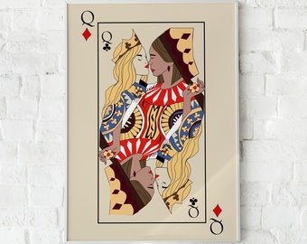 Stampa di cartoline artistiche lesbiche, arte dell'amore lesbico, stampa artistica da parete Queens, carte da gioco, arte da parete vivace, poster giocoso, carattere retrò, arte da parete femminista