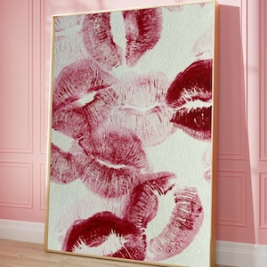 Póster de beso retro, carta de amor vintage, arte mural rojo, póster rosa, decoración de pared para dormitorio, impresión para dormitorio universitario, impresión de labios retro, arte mural de amor