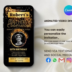 Gold Glitter Birthday Party Video Invitation: Editable E-Invite (Digital Download)