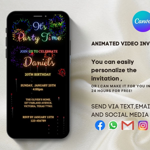 Firework Birthday Party Invitation, Digital Firework Party Invite, Video Invitation, Editable E Invite, Any Age, Instant Download