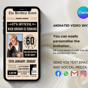 Newspaper Birthday Video Invitation: Customizable Evite (Instant Download)
