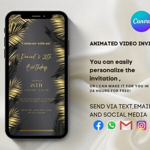 Digital Gold Glitter Birthday Party Invitation, Digital Gold Party Invite, Video Invitation, Editable E Invite, Any Age, Instant Download
