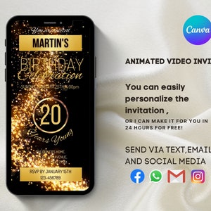 Digital Gold Glitter Birthday Party Invitation, Digital Gold Party Invite, Video Invitation, Editable E Invite, Any Age, Instant Download