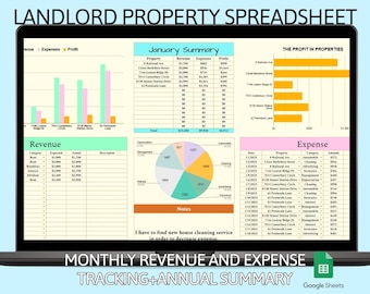 Puede incluir: Una pantalla de computadora portátil que muestra una hoja de cálculo con un gráfico y gráficos coloridos. La hoja de cálculo se titula "Landlord Property Spreadsheet" e incluye columnas para ingresos, gastos y ganancias. El gráfico muestra la ganancia en las propiedades, siendo la ganancia más alta para 42 Primrose Lane. La hoja de cálculo también incluye una sección para el seguimiento de ingresos y gastos mensuales, así como un resumen anual. La hoja de cálculo se creó en Google Sheets.