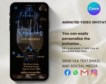 Invitation vidéo d'anniversaire au champagne : invitation numérique modifiable (MP4)