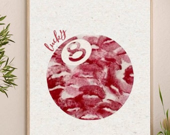 Retro 8 Ball Kissing Booth Print: Lucky Girl Hand Drawn Poster (Digital Download)