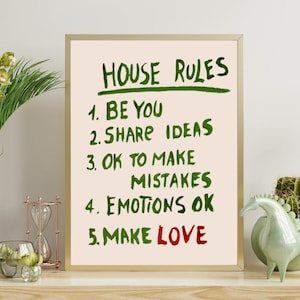 Wydruk artystyczny House Rules, Wydruk artystyczny, Modny wydruk artystyczny, Plakat House Rules, Plakat do mieszkania, Dekoracja akademika, Sztuka wózka barowego, Sztuka ścienna House Rules