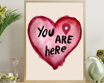 Retro 'You Are Here' Heart Print: 70s Psychedelic Wall Art (Digital Download)