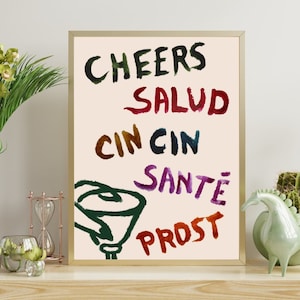 Proost print, retro wijnposter, kleurrijke cin cin salud print, funky bar cart kunst, vintage cocktail schets kunst, proost kunst aan de muur, Santé print