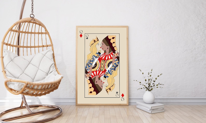 Lesbian Art Card Print, Lesbian Love Art,Queens Wall Art Print, Playing Cards, Vibrant Wall Art, Playful Poster,Retro Font,Feminist Wall Art image 2