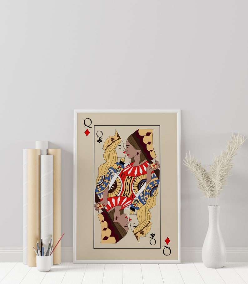 Lesbian Art Card Print, Lesbian Love Art,Queens Wall Art Print, Playing Cards, Vibrant Wall Art, Playful Poster,Retro Font,Feminist Wall Art image 4