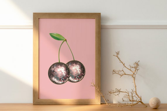 Cherry Disco Balls Print, Disco Ball Decor, Disco Ball Art, Pink