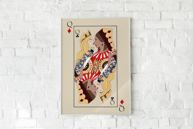 Lesbian Art Card Print, Lesbian Love Art,Queens Wall Art Print, Playing Cards, Vibrant Wall Art, Playful Poster,Retro Font,Feminist Wall Art image 1