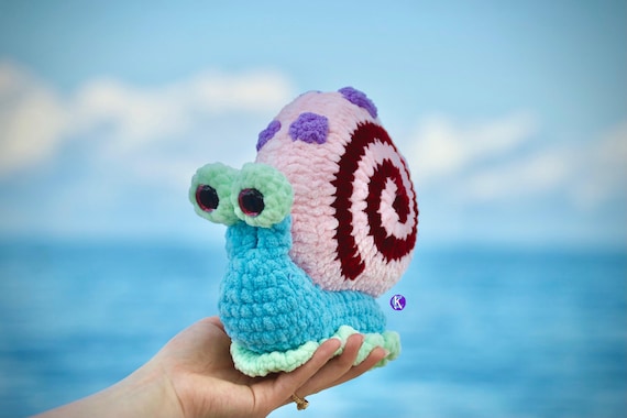 Hand-crocheted Gary, Mary, and Snellie from SpongeBob — the kind of obsessively detailed fan-art plush that only a real person could make, and instantly recognizable to any SpongeBob devotee.