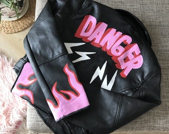 Custom Text Jacket | Painted Faux Leather | Motorcycle Jacket | Women's Jackets | Biker Jacket | Hand Painted Faux Leather Jacket | Danger