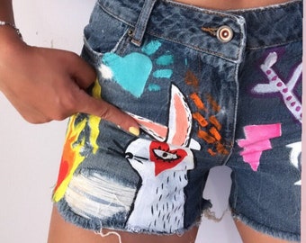 Rabbit Painted Denim Shorts |Christmas Gift for Woman|Personalized Denim Shorts |Hand Painted Denim Shorts | Personalized Gift| Painting