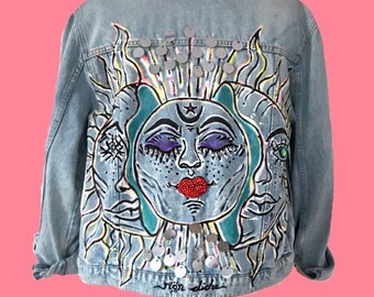 Sun Painted Bead Processing Jacket | Custom Denim Jacket Sun Painted | Hand Painted Bead Processing Denim Jacket | Bead Processing |