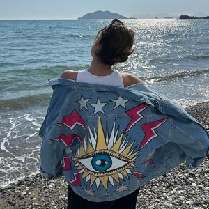 Evil Eye Denim Jacket Artwork | Hand Painted Denim Jacket | Personalized Jacket | Eye Jacket | Turkish Eyes | Evil Eye Jacket | Eyes | Eye