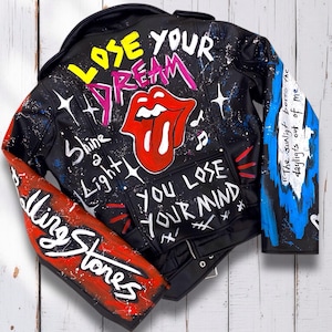 Handmålad Rolling Stones konstläderjacka, Rock 'n Roll