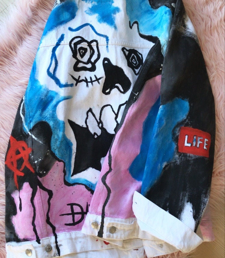 手描きのスカルデニムジャケット - リル・ピープ風、カスタム