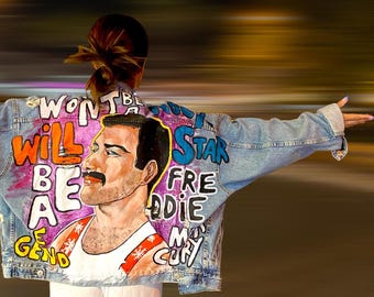 Hand-Painted Freddie Mercury Denim Jacket, Queen Band Art