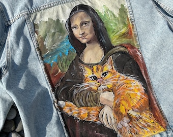 Aangepaste spijkerjasje artwork | Handgeschilderde spijkerjasje | Gepersonaliseerde jas | Monalisa-jas | Mona Lisa | DaVinci | Monalisa kattencadeau