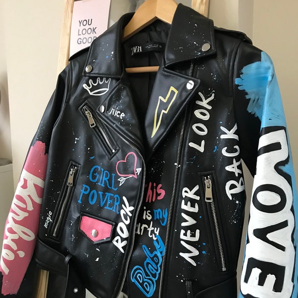 Custom Text Jacket | Painted Faux Leather | Motorcycle Jacket | Women's Jackets | Biker Jacket | Hand Painted Faux Leather Jacket | Danger