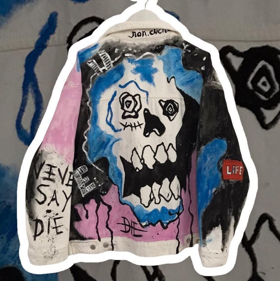 骨グラフィック タトゥーペイント Lil peep デニムジャケット グレー Hand-painted Skull Denim Jacket – Lil Peep Style, Custom Graffiti