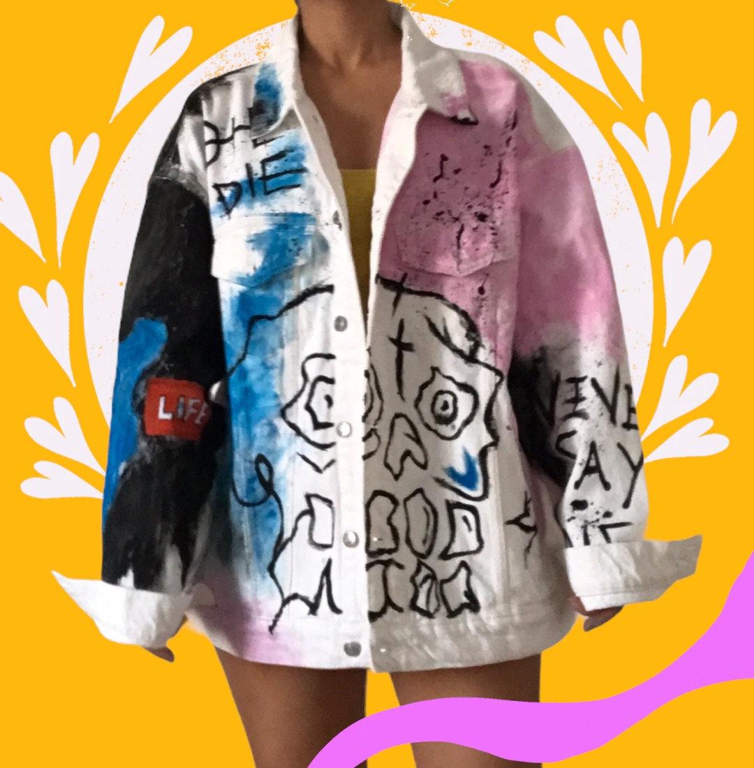 手描きのスカルデニムジャケット - リル・ピープ風、カスタム