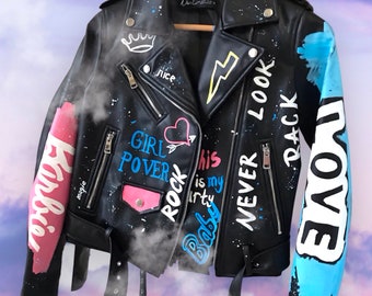 Hand Painted Faux Leather Biker Jacket | Custom Text, Women's