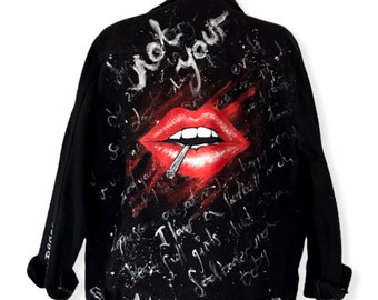 Lip Painted Jacket | Red Lips | Special Artwork Denim Jacket | Black Denim Jacket | Hand Painted Denim Jacket | Personalized Jacket |