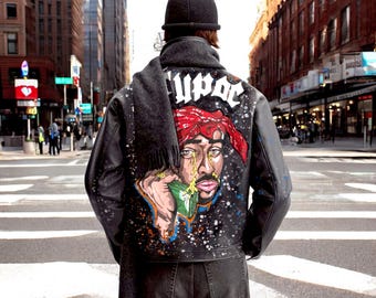 Handgeschilderd leren Tupac-bikerjack, graffiti-streetwearjas