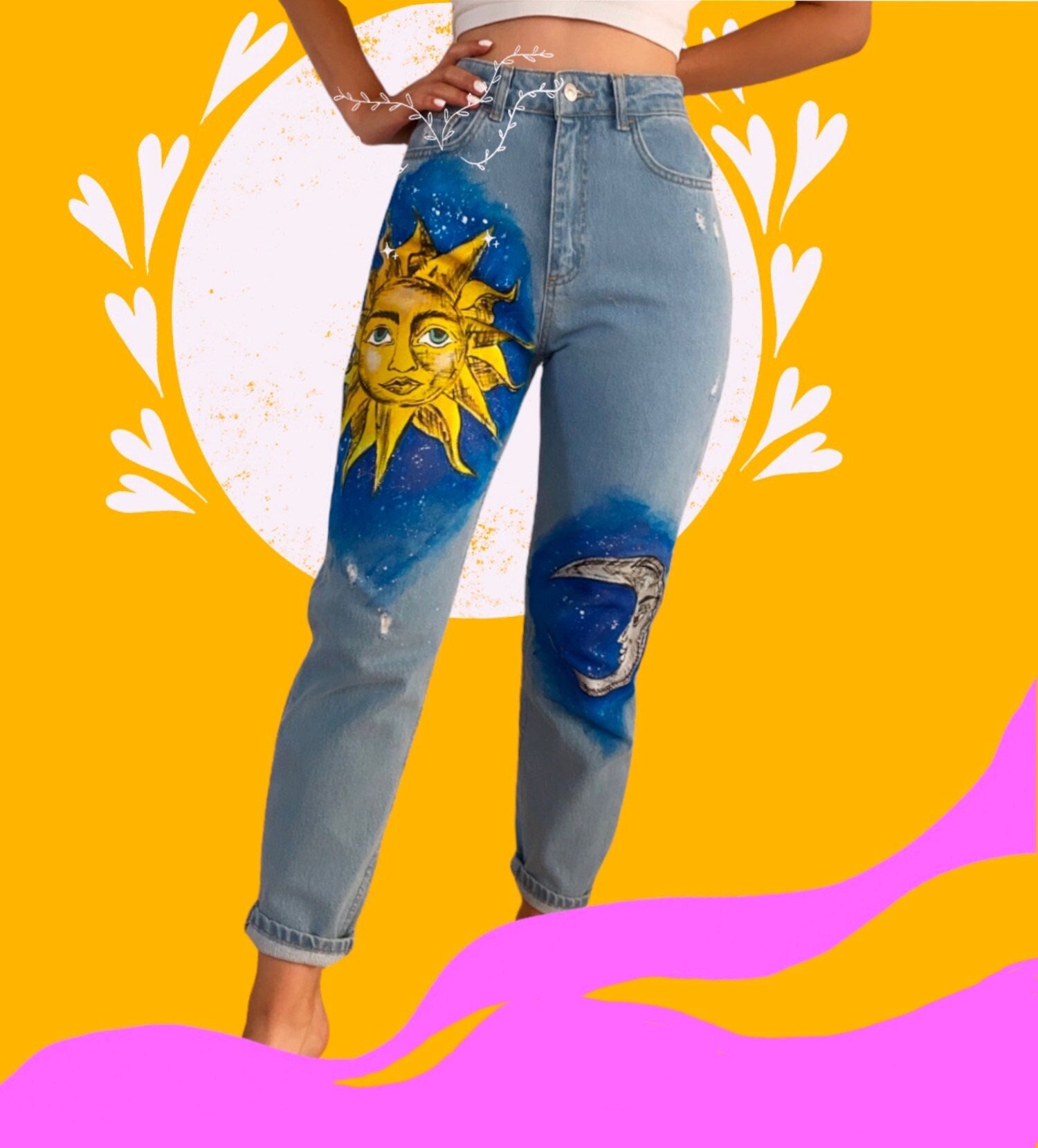 Hand-painted Sun & Moon Mom Jeans - Custom Denim Pants - Etsy Canada