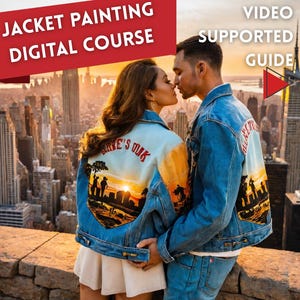 May include: A couple wearing denim jackets with custom painted designs. The woman's jacket features a sunset scene with the text "Dave's Oak" and the man's jacket features a similar scene with the text "Black River". The couple is standing in front of a cityscape.
