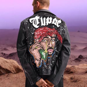 Custom Hand-Painted Leather Jacket, Hip-Hop Graffiti Biker Jacket, Tupac Tribute Streetwear Coat, Rock Style Moto Jacket, Personalized Gift