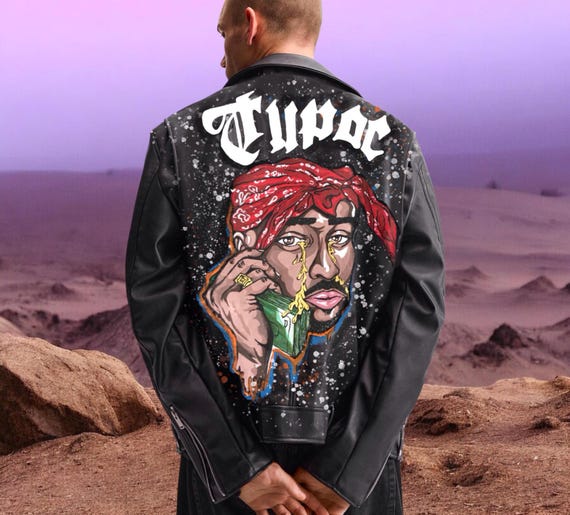 Hand-painted Tupac Leather Biker Jacket, Hip Hop Graffiti, Custom Hand-painted Tupac Leather Biker Jacket, Hip Hop Graffiti, Custom