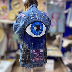 Evil Eye Denim Jacket Artwork | Hand Painted Denim Jacket | Personalized Jacket | Eye Jacket | Turkish Eyes | Evil Eye Jacket | Eyes Gift