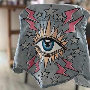 Arte de jaqueta jeans Evil Eye | Jaqueta jeans pintada à mão | Jaqueta personalizada | Jaqueta Eye | Olhos turcos | Jaqueta Evil Eye | Olhos | Olhos