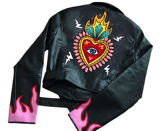 Custom Text Jacket | Painted Faux Leather | Motorcycle Jacket | Women's Jackets | Biker Jacket | Hand Painted Faux Leather Jacket | Eyes