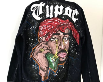 Handgeschilderd tupac-denimjack | Aangepaste rapstijlkleding