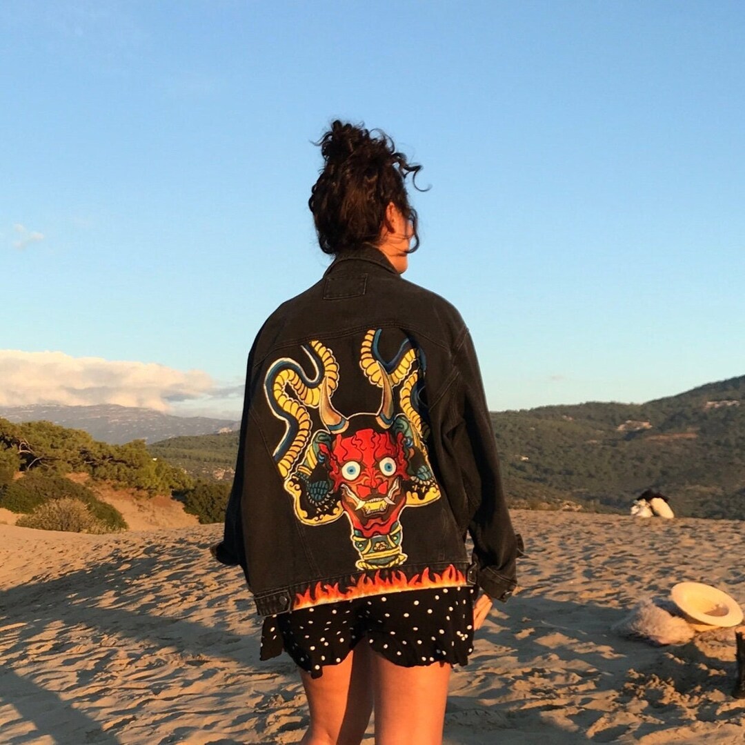 Hand Painted Devil Denim Jacket | Custom Black Jean Jacket - Etsy