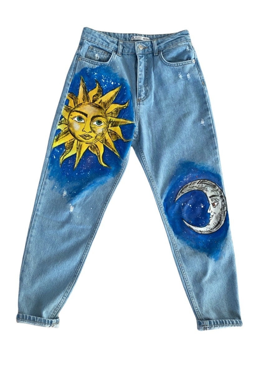 Hand-painted Sun & Moon Mom Jeans - Custom Denim Pants - Etsy